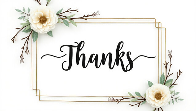 A charming thanks greeting card design featuring delicate white flowers, elegant calligraphy, and a decorative frame on a clean white background, perfect for expressing heartfelt gratitude