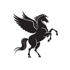 Majestic Pegasus Illustration A Silhouette of Freedom and Myth, Black Icon on White Background, Graceful Creature, Legendary Symbol, Mythical Horse