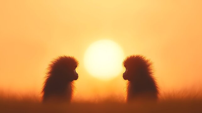 Two baboons silhouetted against a vibrant orange sunset in the savannah - Powered by Adobe