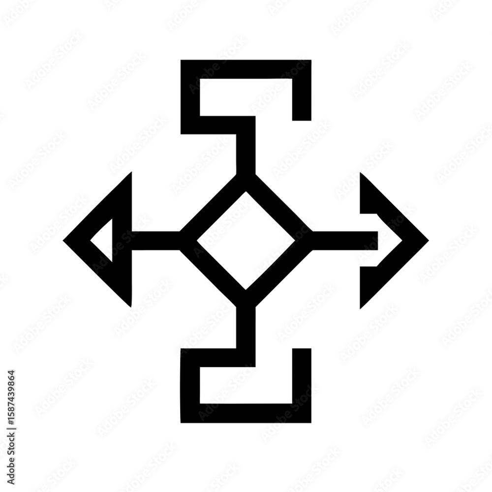 Poster illustration of a central diamond shape with arrows pointing in four directions isolated on transpar