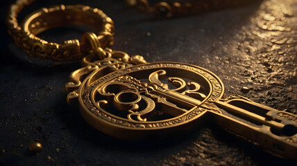 Antique Brass Key with Ornate Design in Dramatic Light