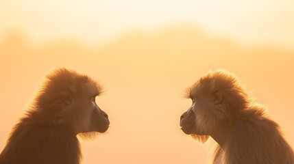 Two baboons silhouetted against a warm golden sunrise in the african savanna