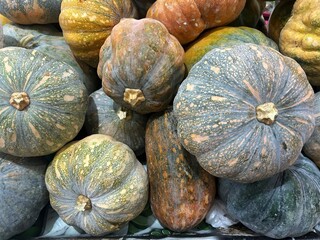 Pile of colorful Kuri squash at the market ready for fall recipes and seasonal cooking