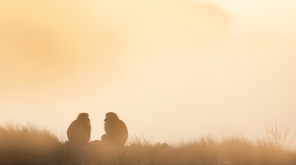 Two silhouetted monkeys sit together in the warm glow of sunrise