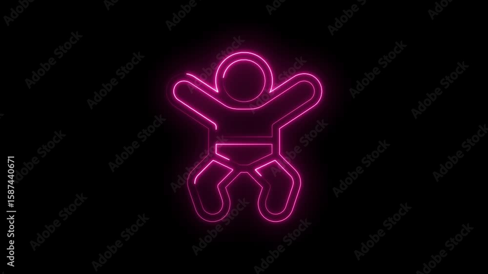 Poster glowing neon icon of baby crawling on black background render animation seamless loop