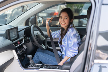 Transport concept, happy smile brunette hair asian young woman driving, getting new car, vehicle...