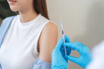 Health care, corona virus, hand of woman nurse, doctor giving syringe vaccine, injection dose on...