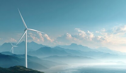 A scene of wind turbines standing in the mountains, used to convey the concept of harmonious coexistence between clean energy and nature, and suitable for environmental protection publicity.