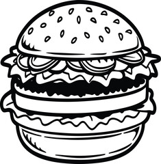 Black and white illustration of a layered hamburger with sesame seeds on the bun food