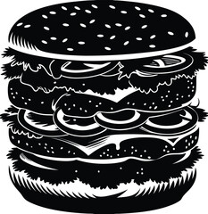 Black and white illustration of a multi-layered burger with sesame seeds and lettuce hamburger food