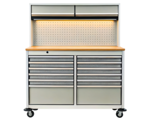 Mobile garage workbench with drawers and a pegboard tool holder on a transparent background