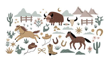 Cowboy accessories set. Western boots, shoes, hat, plants, animals, sheriff star. American country fashion. Flat style vector illustration