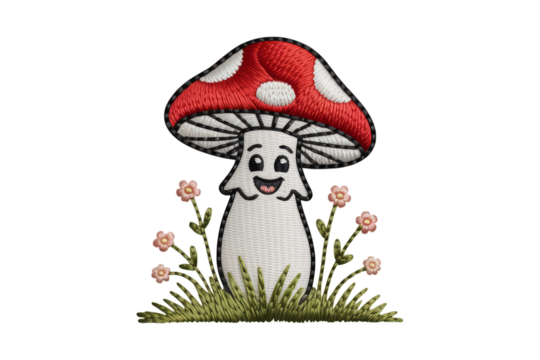 Smiling mushroom with flowers embroidery white spots