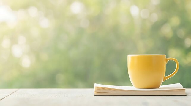 Yellow coffee cup resting on an open book with a blurred green background