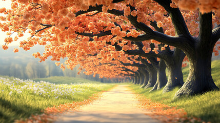 Autumn path through blossoming trees