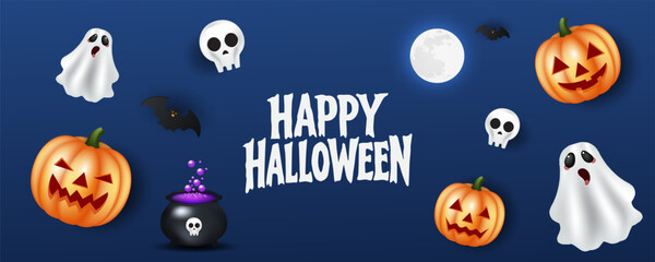 Happy Halloween posters, cards, banner with night clouds pumpkins Full moon and flying bat in paper cut style. collection of Halloween background, flayer, cover, Brochure with copy space for ads promo