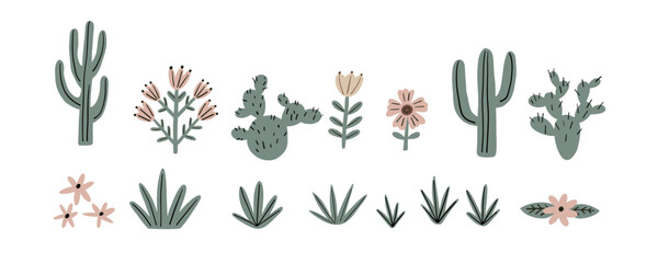 Cowboy accessories set. Western boots, shoes, hat, plants, animals, sheriff star. American country fashion. Flat style vector illustration