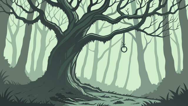 Ominous forest scene with a large tree and a noose hanging from a branch in a spooky setting