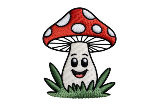 Smiling red and white mushroom with green grass image