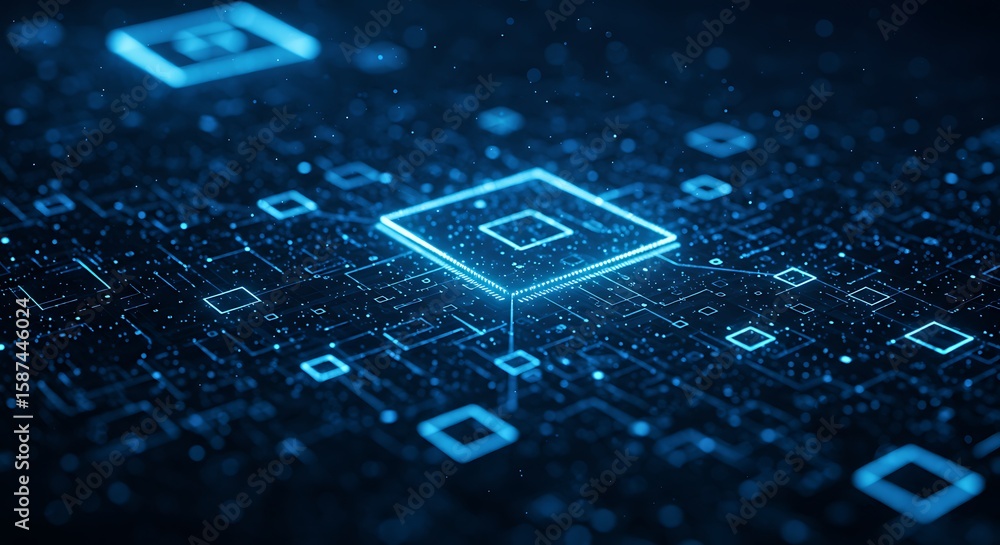 Poster abstract digital technology circuit board background with glowing blue microchip and connections