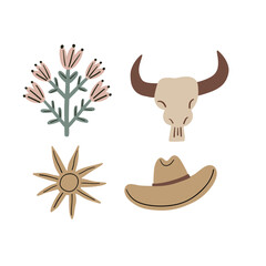 Cowboy accessories set. Western boots, shoes, hat, plants, animals, sheriff star. American country fashion. Flat style vector illustration