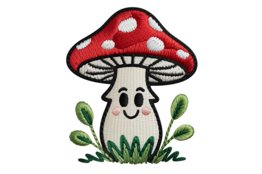 Smiling red mushroom with white spots embroidered patch