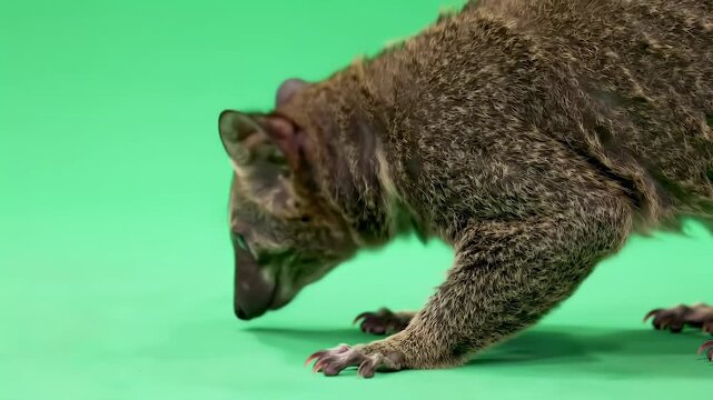 Curious Brown Cuscus Marsupial Sniffing Ground, Isolated on Bright Green Studio Background