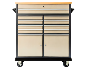 Mobile tool chest cabinet with drawers and a wooden worktop on a transparent background