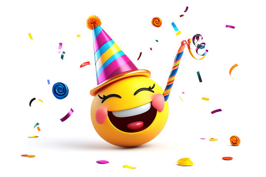 A cheerful celebration emoji with a party hat smiles amidst falling confetti, ideal for conveying joy, birthdays, and festive occasions.