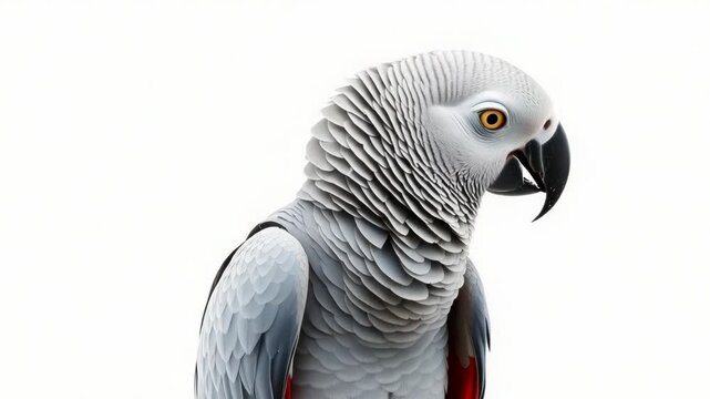 An intelligent african grey parrot with bright yellow eyes is shown in a closeup portrait, isolated on a white background