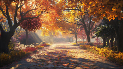 Autumn path through colorful forest