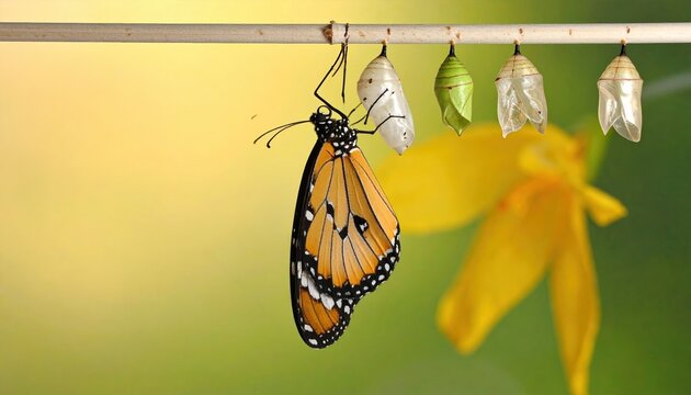 Close up of a beautiful monarch butterfly emerging from its pupa with various chrysalises suspended on a branch