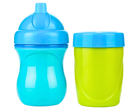 Two colorful plastic toddler sippy cups for babies and children on a transparent background