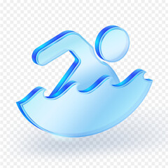 3D blue glass icon of a swimmer in blue water waves, isolated on a transparent background. Ideal for sport, swimming pool, or fitness app design. Vector illustration.