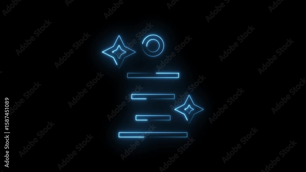 Poster glowing line icons on black background representing star and circle shapes with rounded rectangles