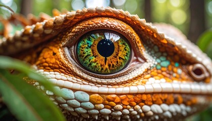 Naklejka premium Macro shot of a lizard's striking eye displaying a vivid green and orange iris with textured scales