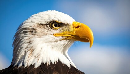 Close up headshot of a majestic bald eagle with a bright yellow beak and intense golden eye against a clear blue sky