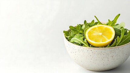 Fresh arugula salad topped with a bright lemon slice in a speckled bowl