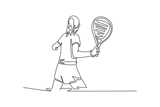 back view girl padel tennis player. padel concept. Single line draw design. Vector graphic illustration