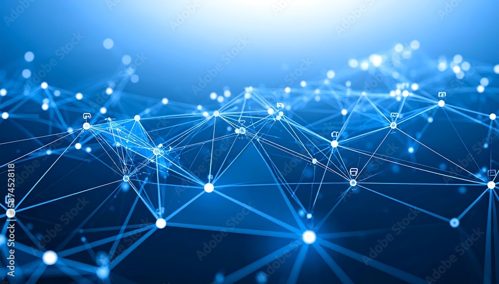 Poster abstract network graphic of interconnected nodes and lines in shades of blue