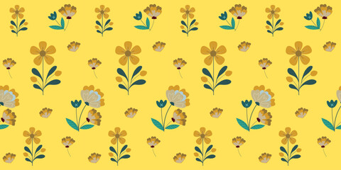 Seamless floral pattern with butterflies bees and cute flowers for spring and summer design textiles, clothing, wrapping paper, cover, banner, interior decor, abstract backgrounds.