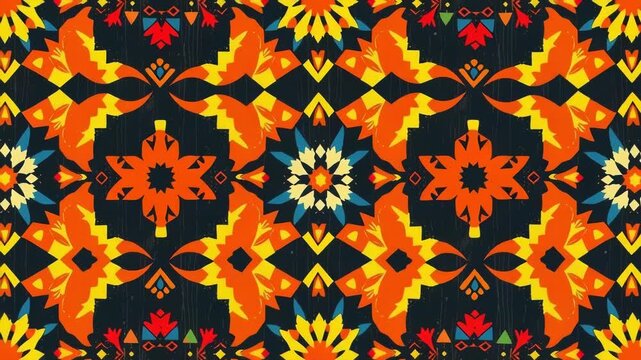A vibrant and intricate tribal pattern with geometric and floral motifs in warm colors