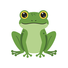 A charming green frog sits upright, isolated on white background, its big eyes wide with curiosity, in this delightful cartoon illustration