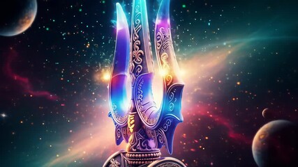 Intricate Trident Symbolizing God Shiva Surrounded by Cosmic Elements - Powered by Adobe