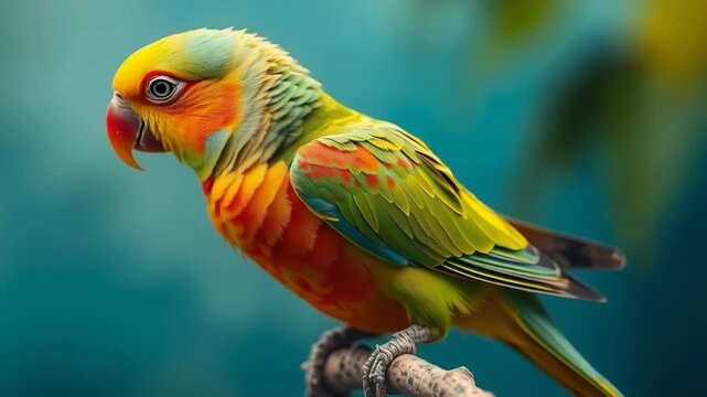 A vividly colored parrot with bright plumage is perched on a textured branch in a natural setting