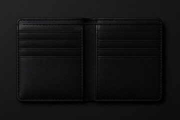Black leather wallet mockup opened on dark background showing card slots minimal luxury mens fashion accessory for branding or product showcase scene