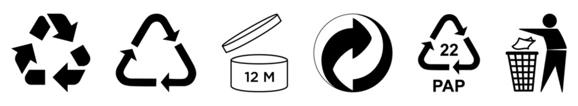 Vector icon set of recycling, disposal, and packaging symbols including Mobius loop, PAP code, 12M shelf life, and trash bin. Ideal for eco product labeling and sustainable packaging.