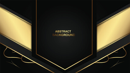 Elegant abstract background with geometric gold lines and shapes layering a deep black canvas.