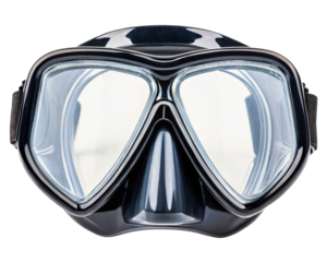 Black silicone two-window diving mask for snorkeling or scuba diving on a transparent background