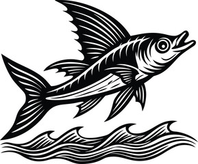 Obraz premium Black and white leaping fish above stylized waves jumping ocean